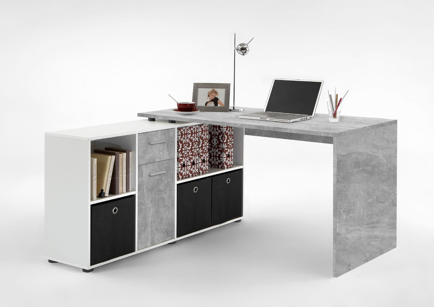 corner desk, flexi desk, reversible desk, concrete grey desk, white desk, home office desk, study desk, office furniture, adaptable desk, Amos Mann Furniture, Luiz desk
