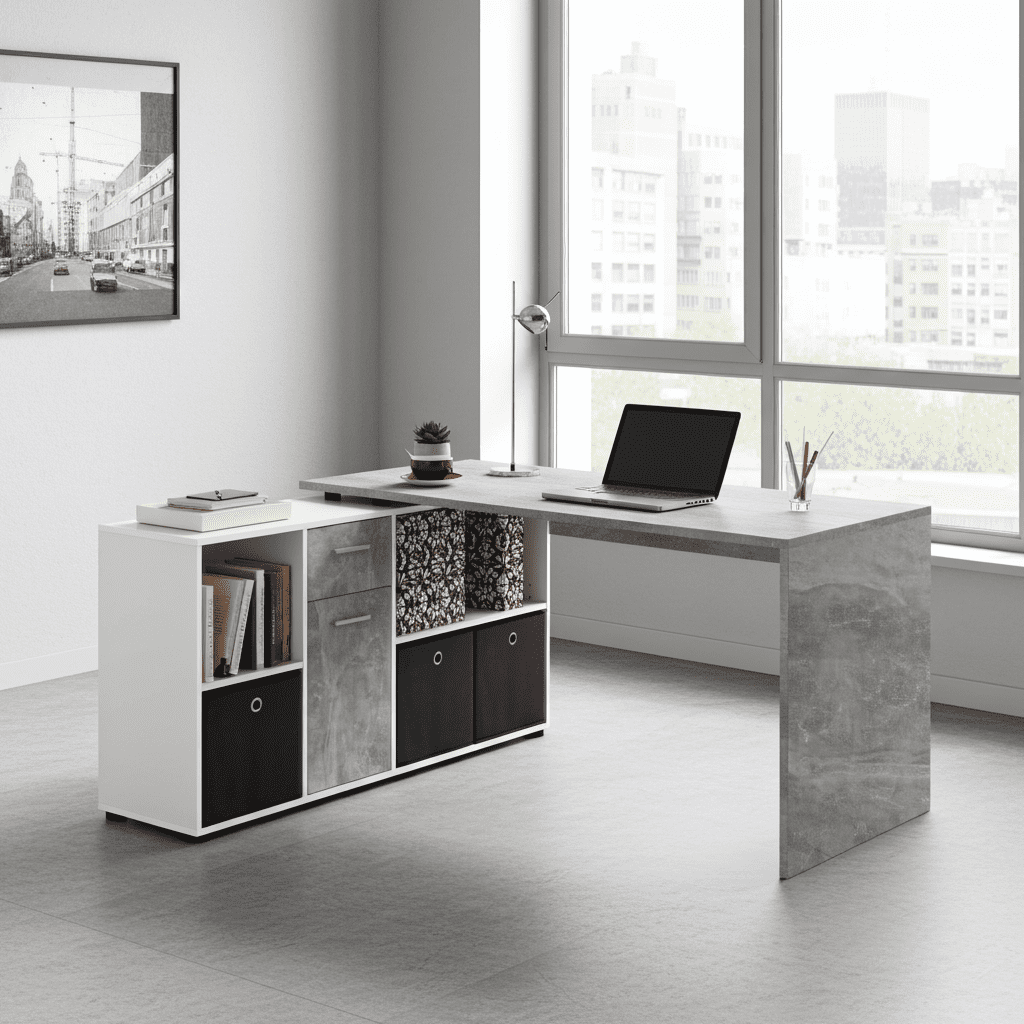 corner desk, flexi desk, reversible desk, concrete grey desk, white desk, home office desk, study desk, office furniture, adaptable desk, Amos Mann Furniture, Luiz desk