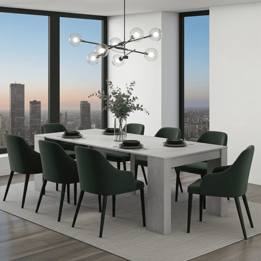 Amos Mann Furniture Luiz concrete grey extending dining table in a modern dining room setting
