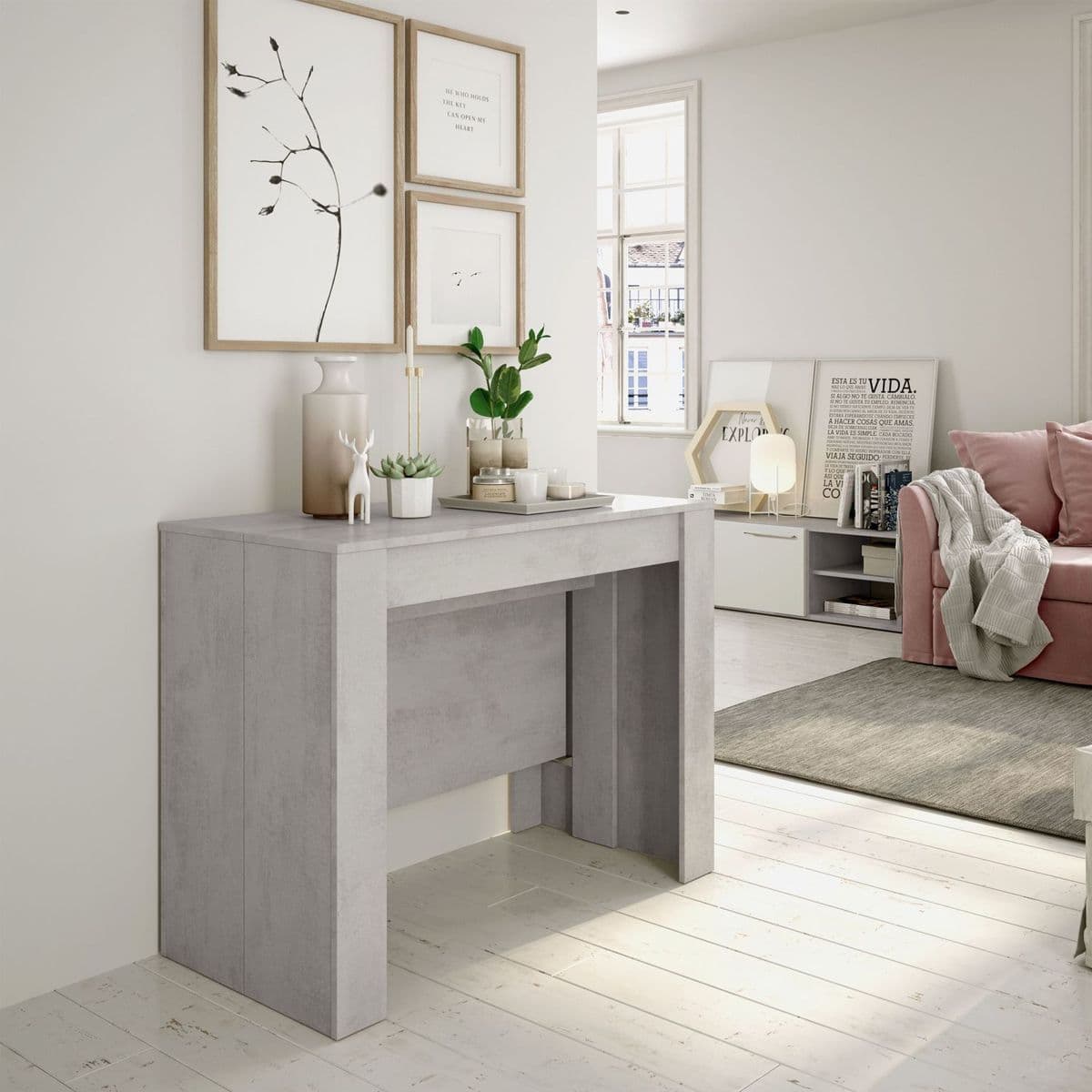Amos Mann Furniture Luiz concrete grey extending dining table in a modern dining room setting