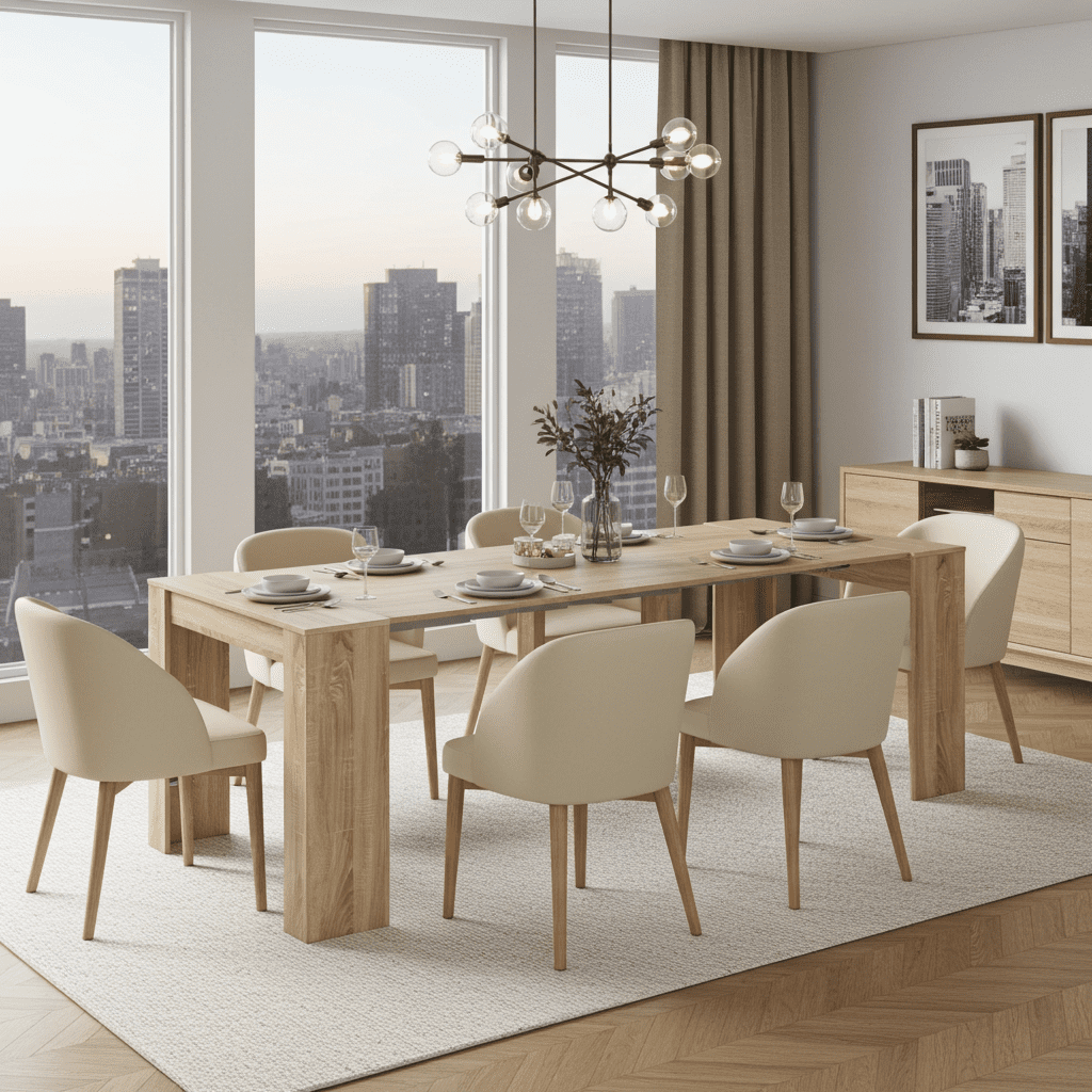	Amos Mann Furniture Luiz oak effect extending dining table in a modern dining room setting