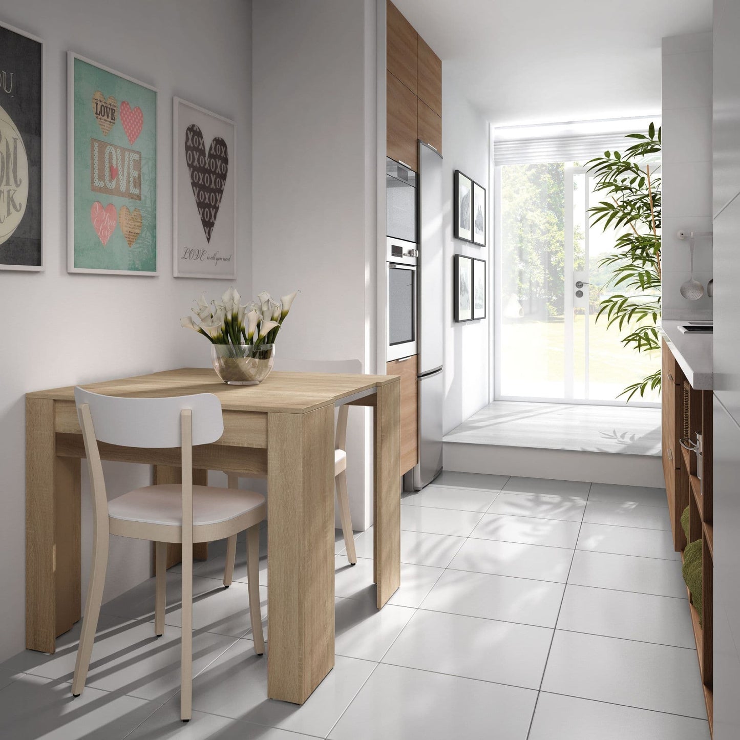 	Amos Mann Furniture Luiz oak effect extending dining table in a modern dining room setting