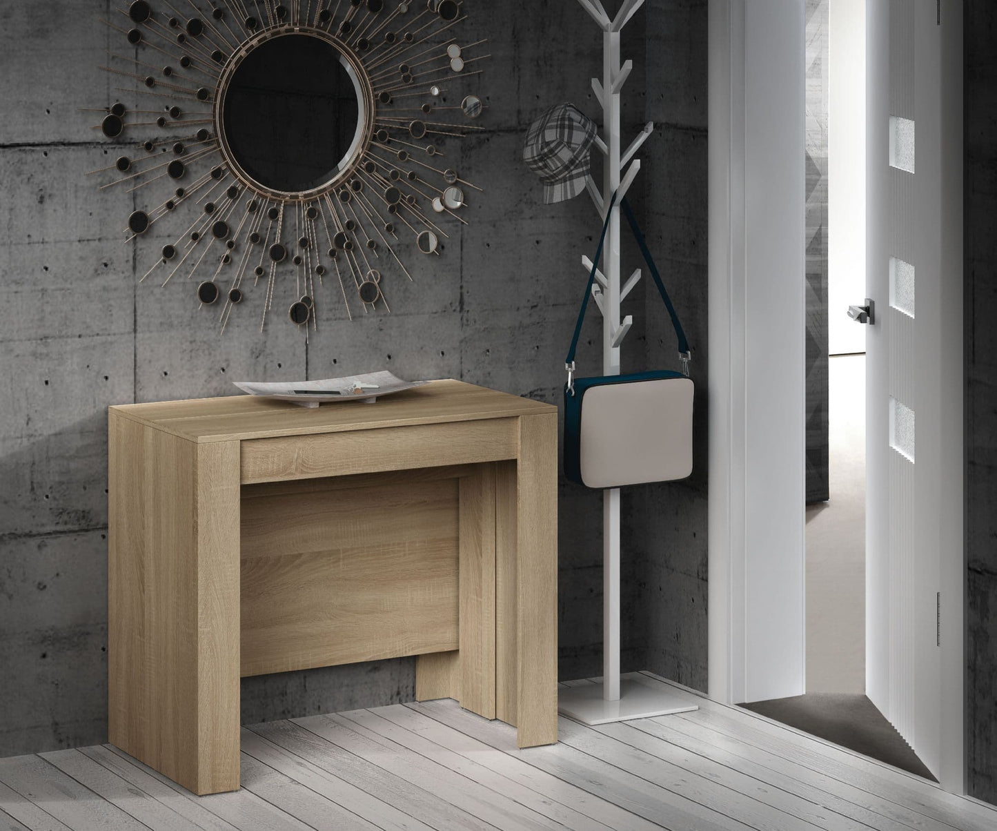 	Amos Mann Furniture Luiz oak effect extending dining table in a modern dining room setting