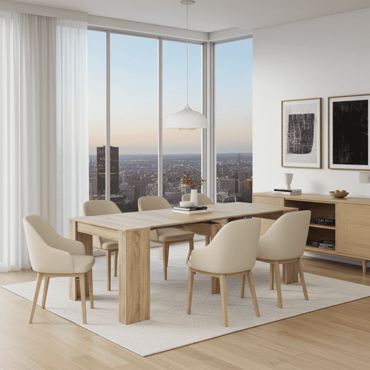 	Amos Mann Furniture Luiz oak effect extending dining table in a modern dining room setting