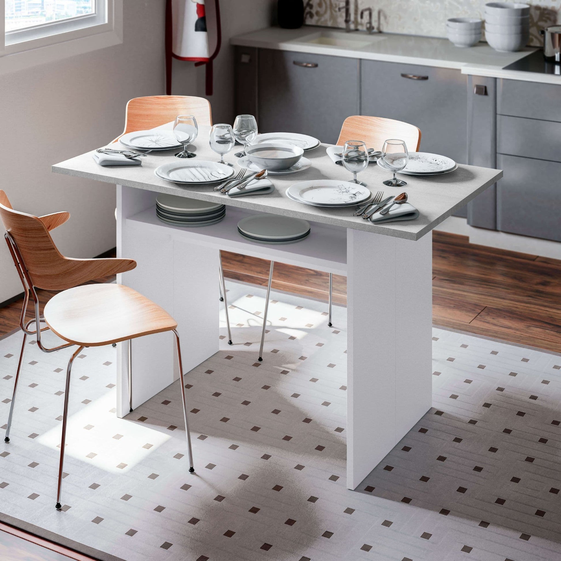 Amos Mann Furniture Luxo concrete grey and white extending breakfast table in a modern kitchen setting