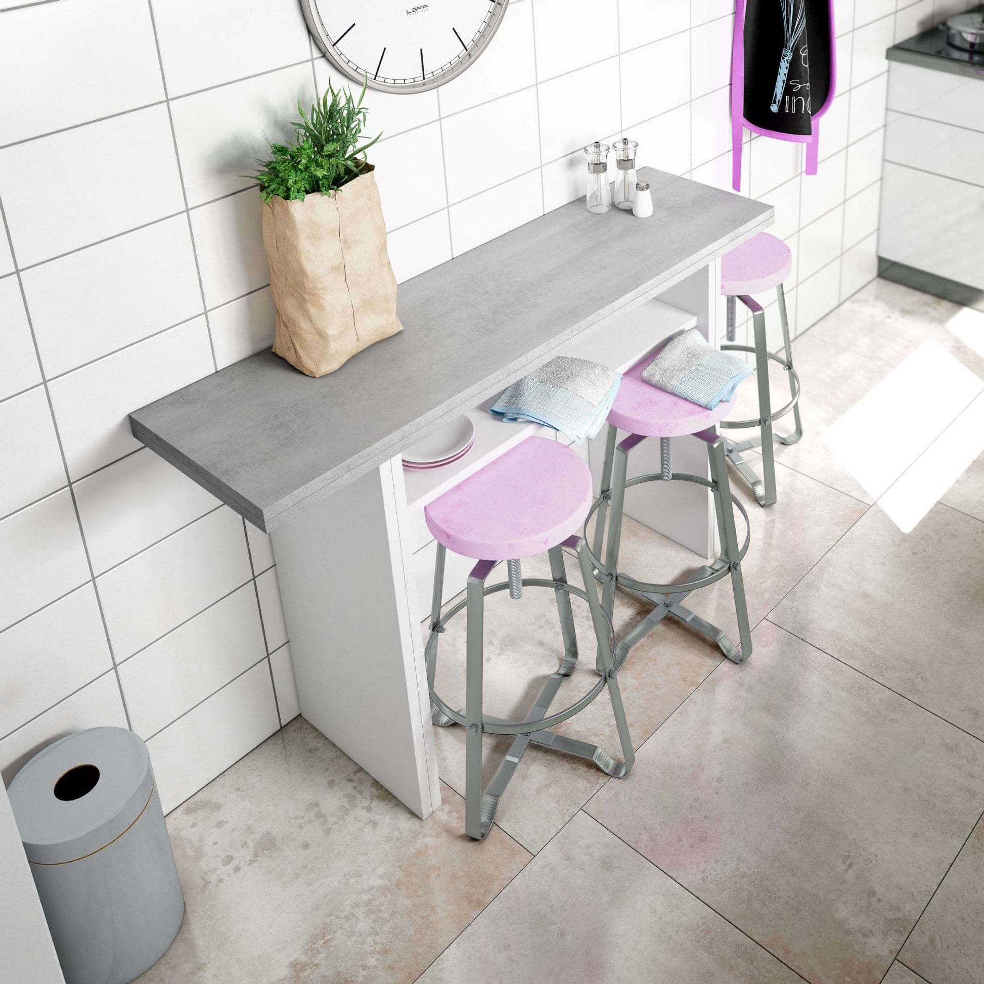 Amos Mann Furniture Luxo concrete grey and white extending breakfast table in a modern kitchen setting