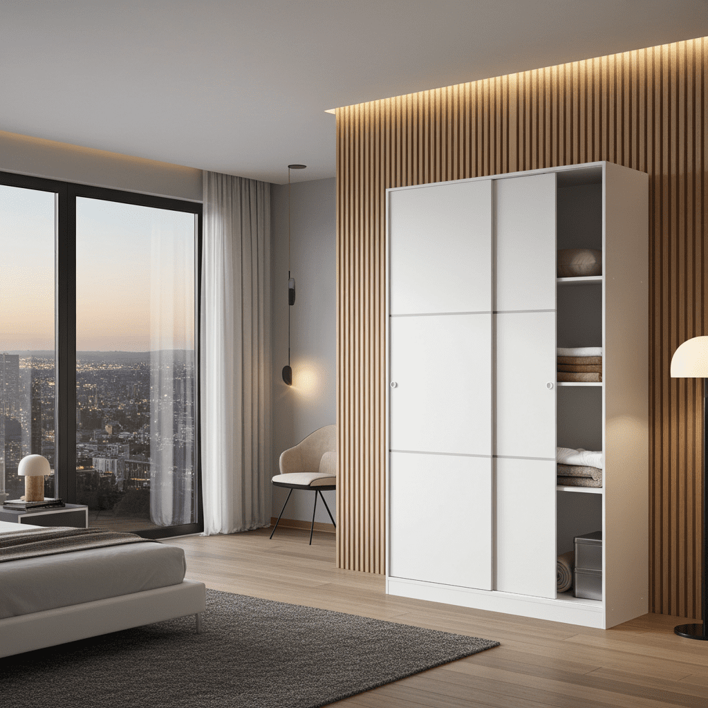 Amos Mann Furniture Madrid white gloss sliding door wardrobe in a modern bedroom setting