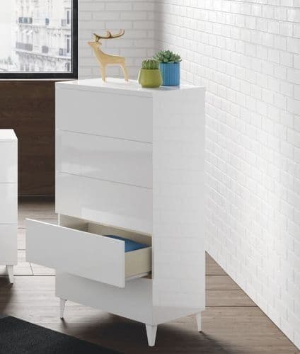 Amos Mann Furniture Madrid tall chest with drawers open showing the spacious storage