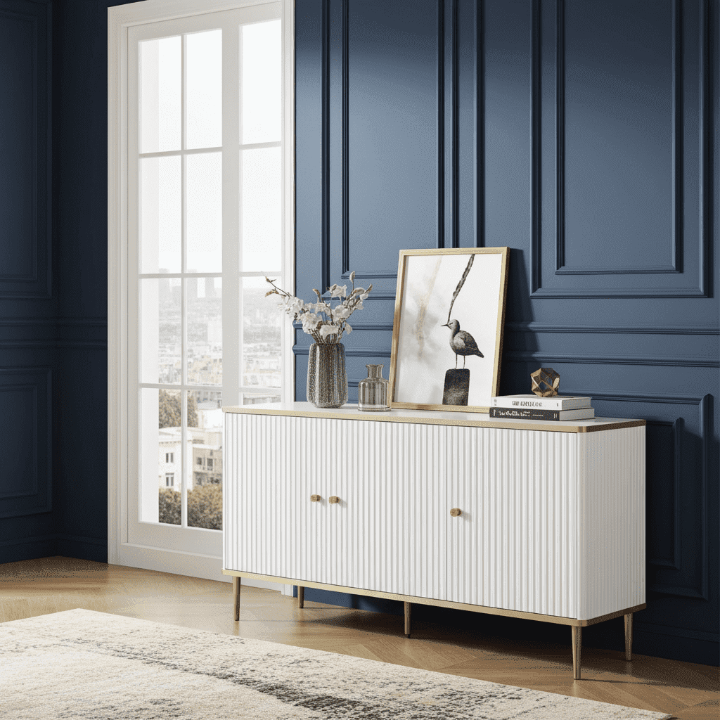 	Amos Mann Furniture Maison white and gold 3 door sideboard in a modern dining room setting