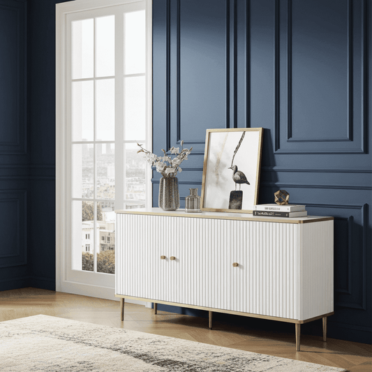 	Amos Mann Furniture Maison white and gold 3 door sideboard in a modern dining room setting