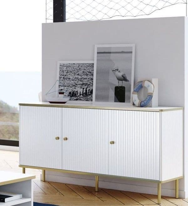 	Amos Mann Furniture Maison white and gold 3 door sideboard in a modern dining room setting