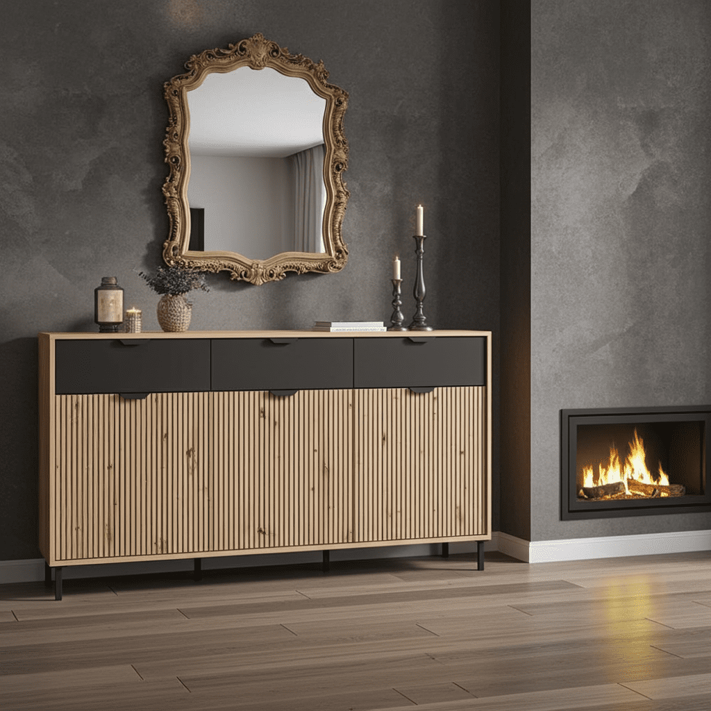 Amos Mann Furniture Martinique artisan oak and black sideboard in a modern living room setting