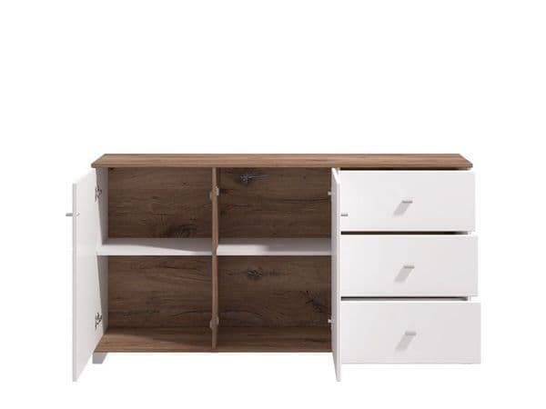 Amos Mann Furniture Merlot white gloss and oak sideboard in a modern dining room setting