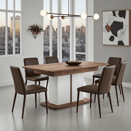 Amos Mann Furniture Merlot white gloss and oak extending dining table in a modern dining room setting