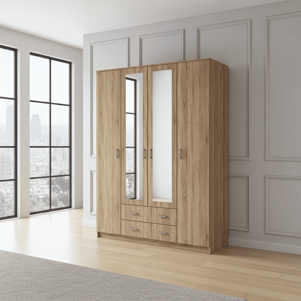 Amos Mann Furniture Miami Sonoma oak effect 4 door 2 drawer wardrobe in a modern bedroom setting