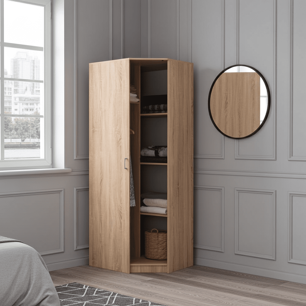 Amos Mann Furniture Miami Sonoma oak effect corner wardrobe in a modern bedroom corner setting