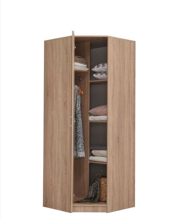 Amos Mann Furniture Miami Sonoma oak effect corner wardrobe in a modern bedroom corner setting