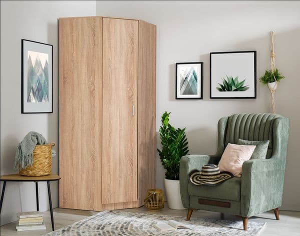 Amos Mann Furniture Miami Sonoma oak effect corner wardrobe in a modern bedroom corner setting