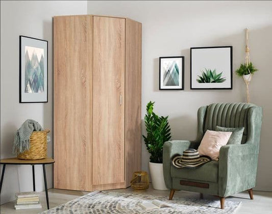 Amos Mann Furniture Miami Sonoma oak effect corner wardrobe in a modern bedroom corner setting