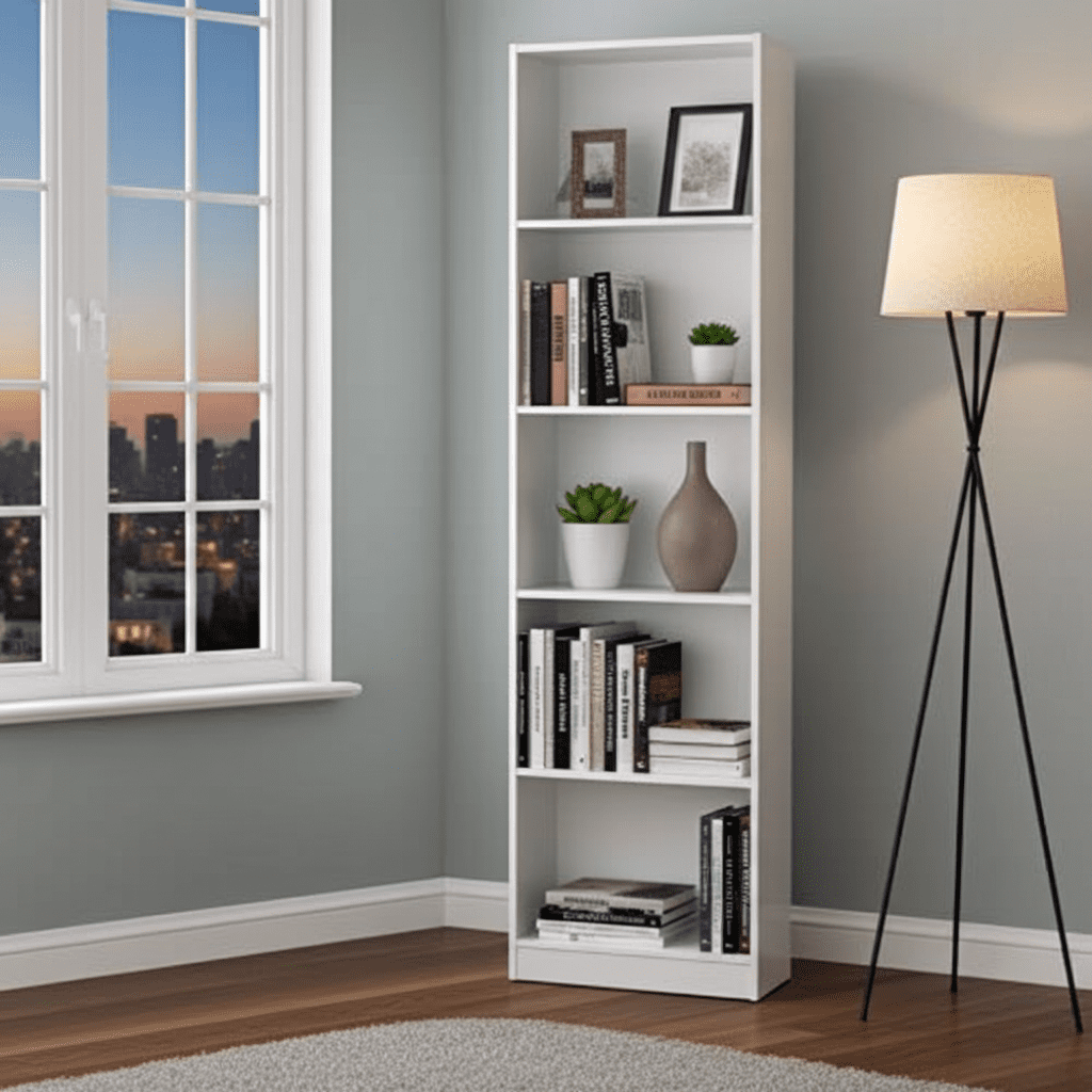 Amos Mann Furniture Mila artic white bookcase in a modern living room setting