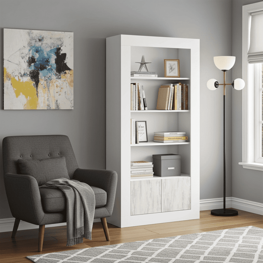 Amos Mann Furniture Montreal white and wood effect tall bookcase in a modern living room setting