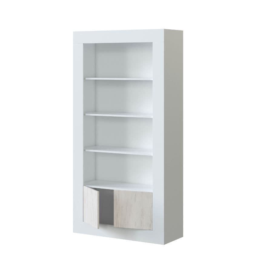 Amos Mann Furniture Montreal white and wood effect tall bookcase in a modern living room setting