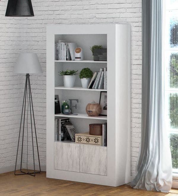 Amos Mann Furniture Montreal white and wood effect tall bookcase in a modern living room setting