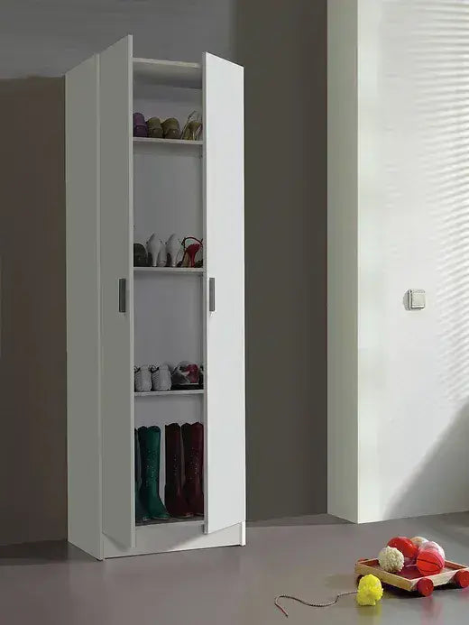 	Amos Mann Furniture multi tall white shoe storage cupboard in a modern hallway setting
