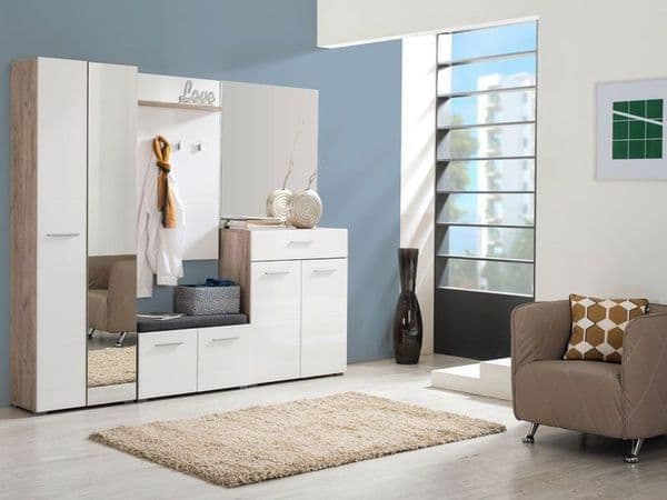 Amos Mann Furniture Myra white gloss and oak effect mirrored narrow wardrobe in a modern hallway setting