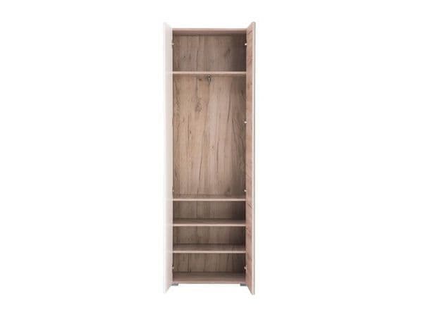 Amos Mann Furniture Myra white gloss and oak effect mirrored narrow wardrobe in a modern hallway setting