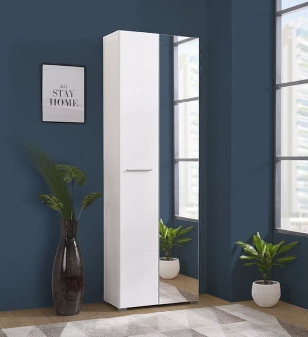 Amos Mann Furniture Myra white mirrored narrow wardrobe in a modern compact bedroom setting