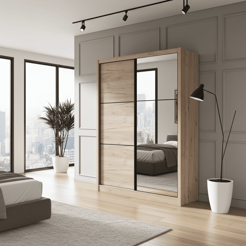 Amos Mann Furniture Navara oak effect sliding wardrobe with full-length mirror in a modern bedroom setting