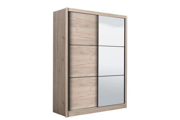 Amos Mann Furniture Navara oak effect sliding wardrobe with full-length mirror in a modern bedroom setting