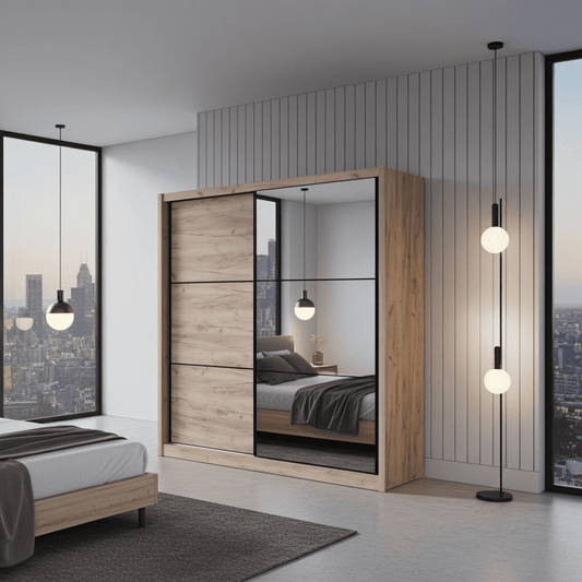 	Amos Mann Furniture Navara oak effect sliding wardrobe with mirrored door in a modern bedroom setting