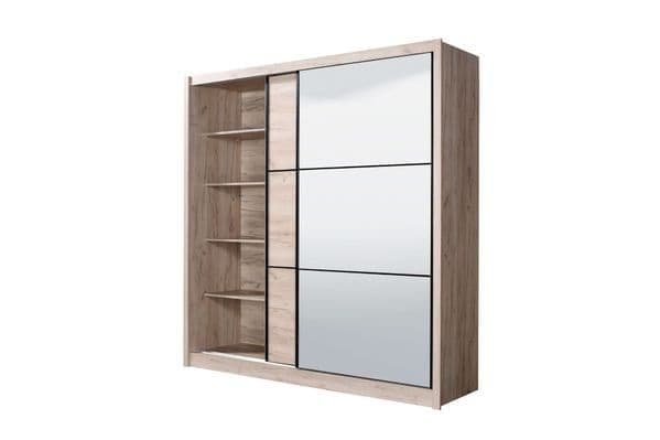 	Amos Mann Furniture Navara oak effect sliding wardrobe with mirrored door in a modern bedroom setting