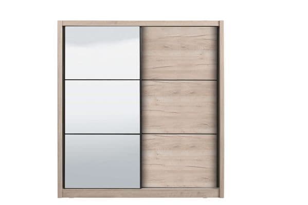 	Amos Mann Furniture Navara oak effect sliding wardrobe with mirrored door in a modern bedroom setting