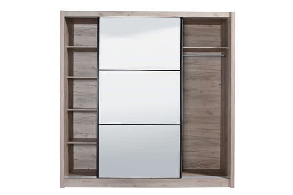 Amos Mann Furniture Navara oak effect extra-large sliding wardrobe with mirrored door in a modern master bedroom setting
