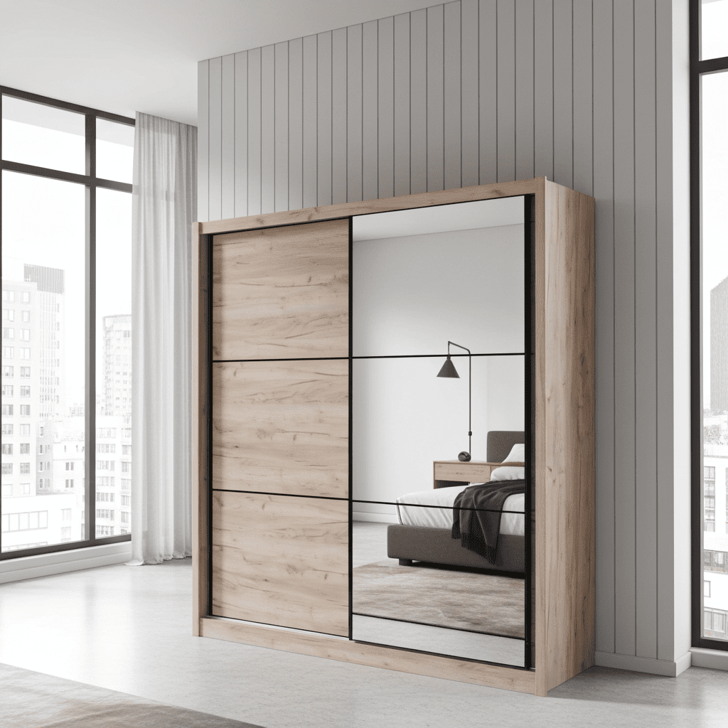 	Amos Mann Furniture Navara oak effect sliding wardrobe with mirrored door in a modern bedroom setting