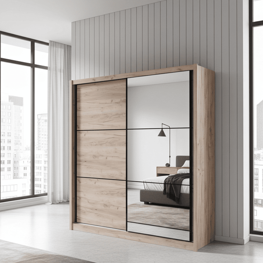 Amos Mann Furniture Navara oak effect extra-large sliding wardrobe with mirrored door in a modern master bedroom setting