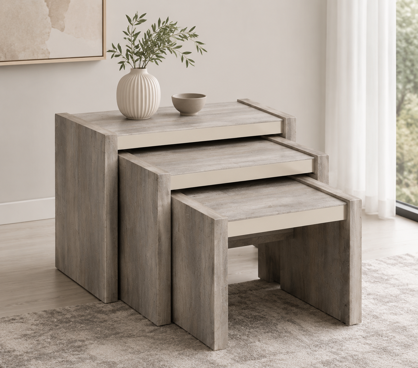 nest tables, set of 3, space saving tables, Italian design, side tables, occasional tables