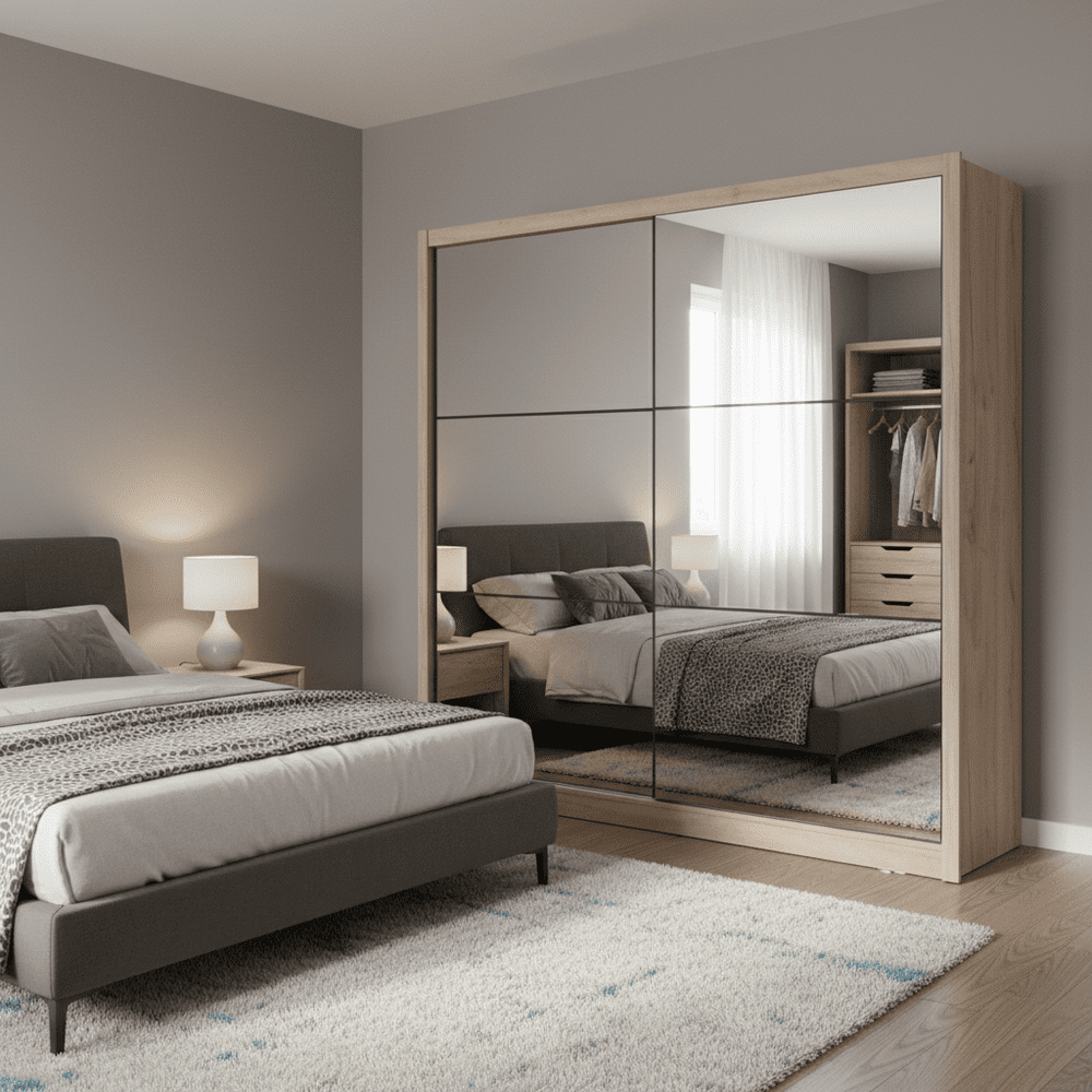 Amos Mann Furniture Nevada artisan oak full mirrored sliding wardrobe in a modern bedroom setting