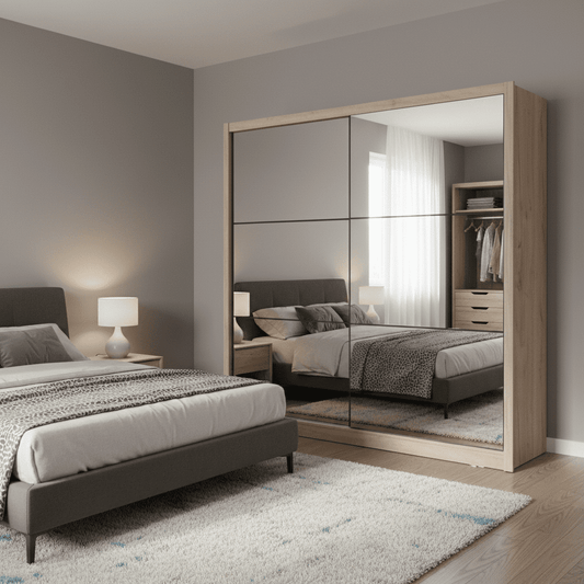 Amos Mann Furniture Nevada artisan oak full mirrored sliding wardrobe in a modern bedroom setting