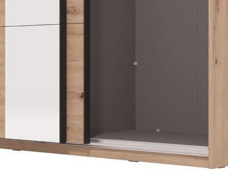 Amos Mann Furniture Noah oak effect sliding wardrobe with full-length mirror in a modern bedroom setting