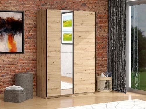 Amos Mann Furniture Noah oak effect sliding wardrobe with full-length mirror in a modern bedroom setting