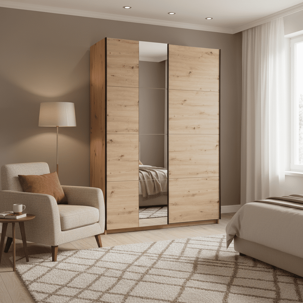Amos Mann Furniture Noah oak effect sliding wardrobe with full-length mirror in a modern bedroom setting