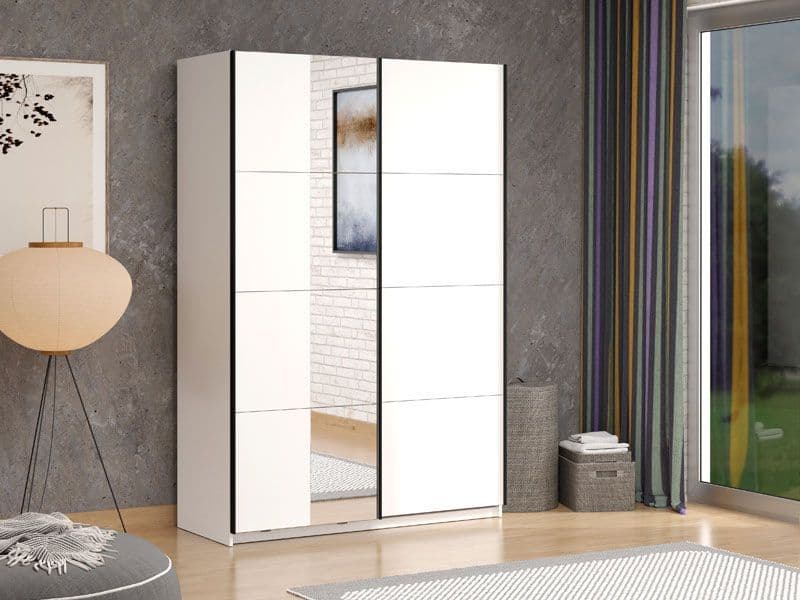 Amos Mann Furniture Noah white sliding wardrobe with full-length mirror in a modern bedroom setting