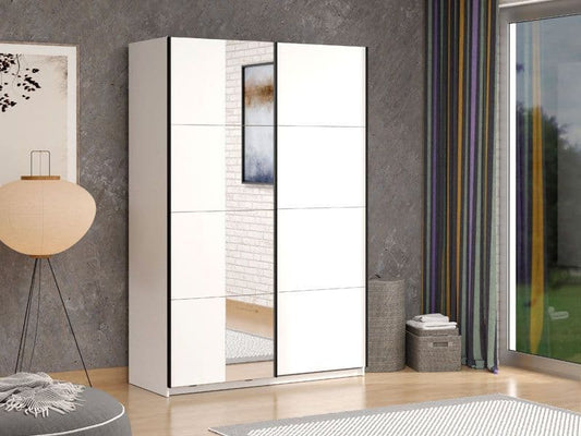 Amos Mann Furniture Noah white sliding wardrobe with full-length mirror in a modern bedroom setting
