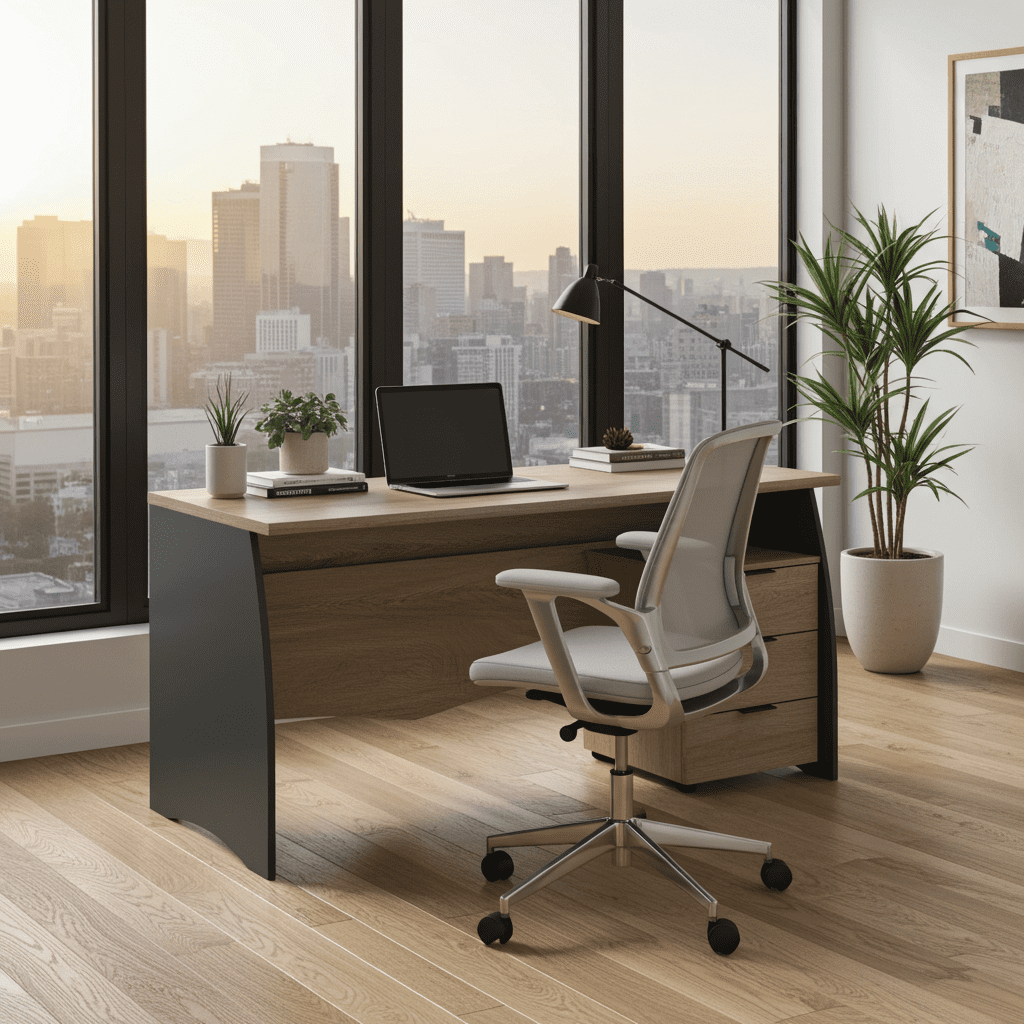 Amos Mann Furniture Oris oak and grey large desk in a modern home office setting