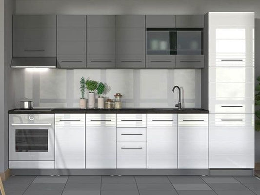 Amos Mann Furniture Pedro white gloss and grey kitchen units in a modern kitchen setting