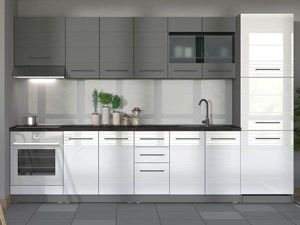 Amos Mann Furniture Pedro white gloss and grey tall kitchen larder unit in a modern kitchen setting